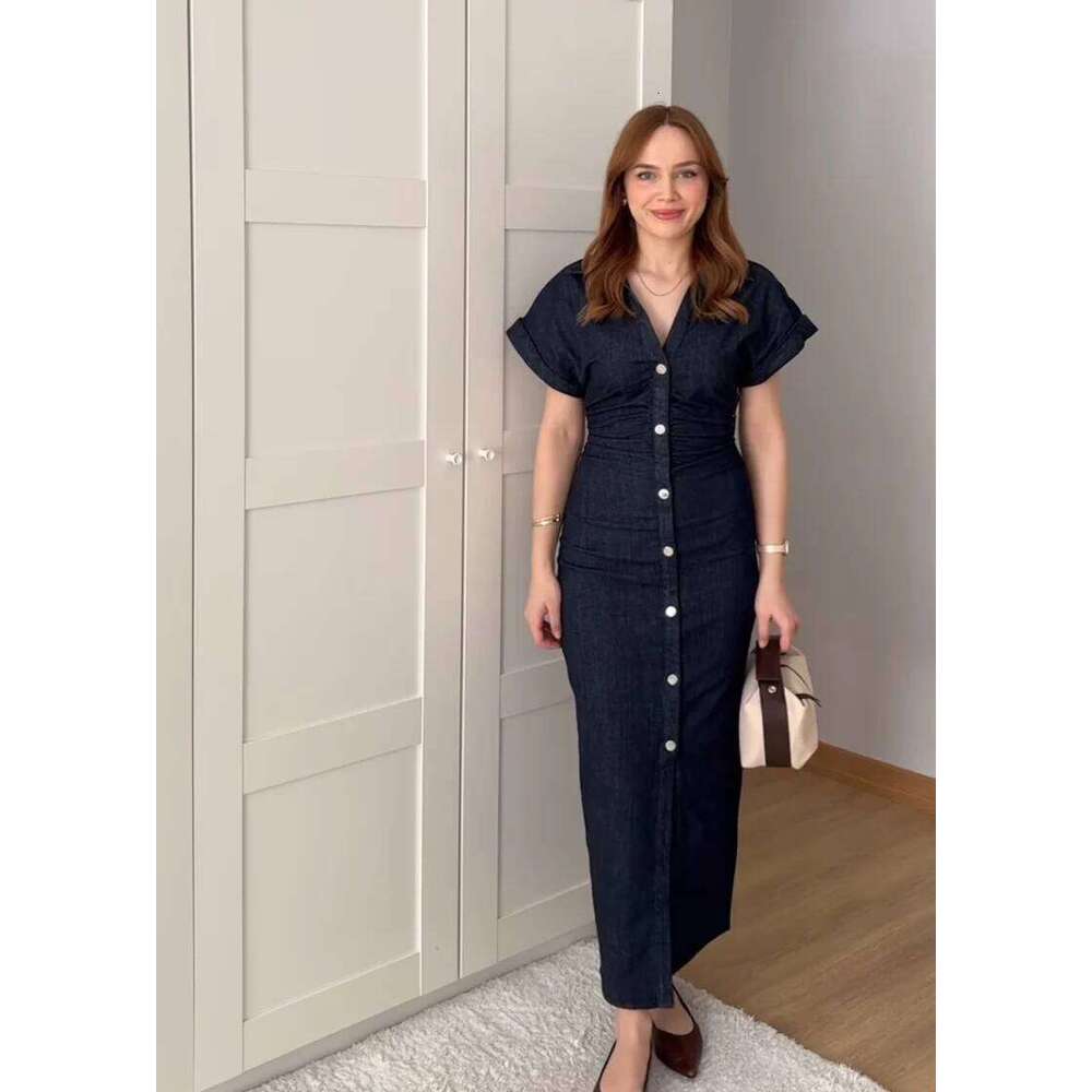 2025 Wansici Spring New 1975 series denim MIDI with lapel side zipper fashion wrinkle waist slim elegant dress XJ260225