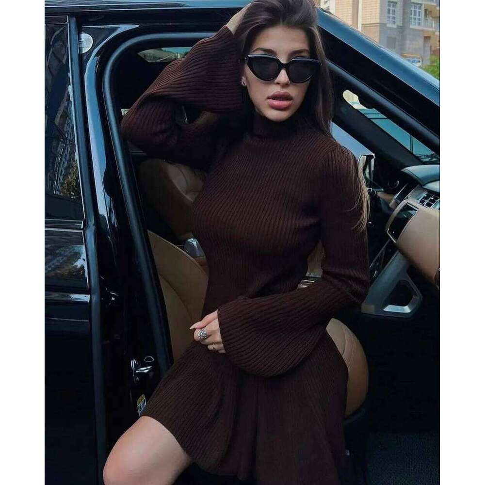 Mingmingxi 2025 New A-Line Knit for Women Semi High Neck Long Sleeve Elegant Sweater Casual Bodycon Party Dress XJ260225