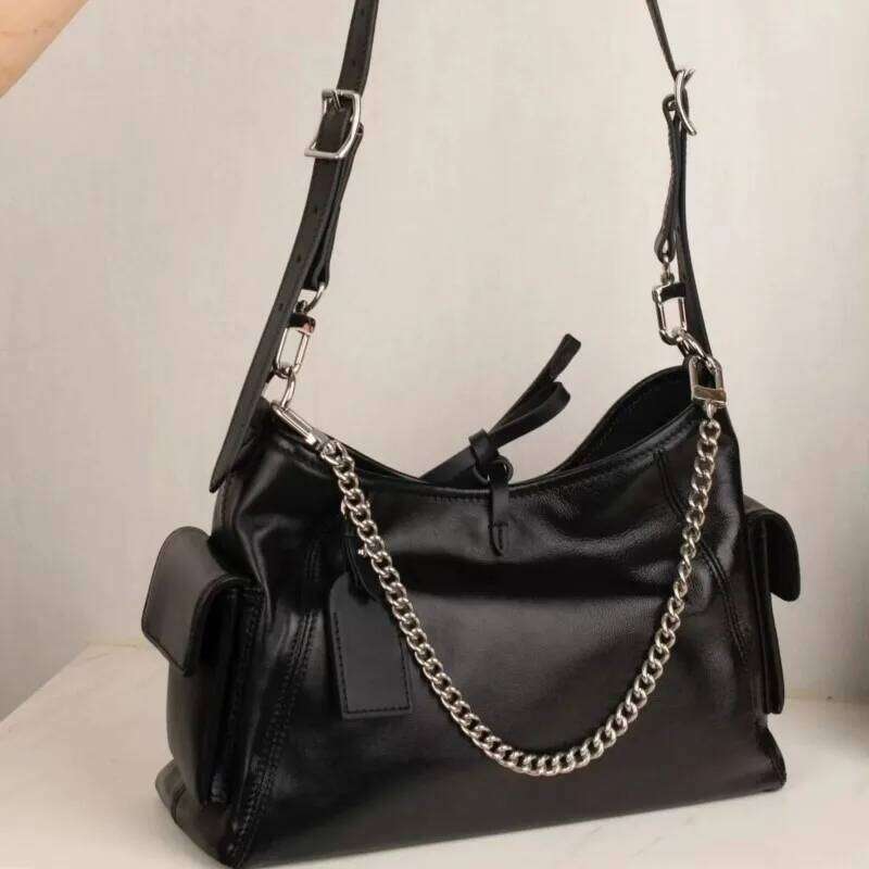 Black Tied Chain Tote Women Leather Large Capacity Stitching Shoulder Ladies Retro Sle Commute Casual Crossbody Bag 2025 H260225