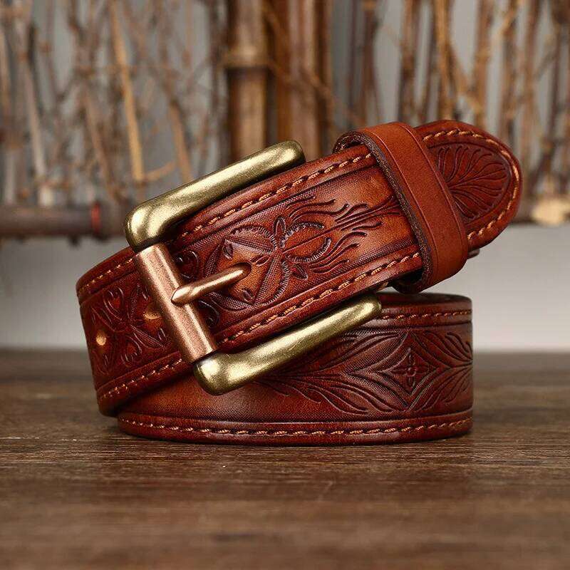 3.8CM Pure Cowhide Genuine Leather Retro Fashion Personality Embossed for Men Luxury Brand Design Male Copper Buckle Belts Y260225