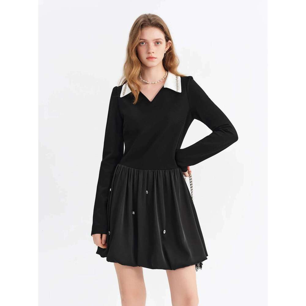 FSLE Beaded French-style Mini Black for Women Long Sleeve V-neck 2026 Early Spring New Style Elegant Annual Party Dress XJ260225