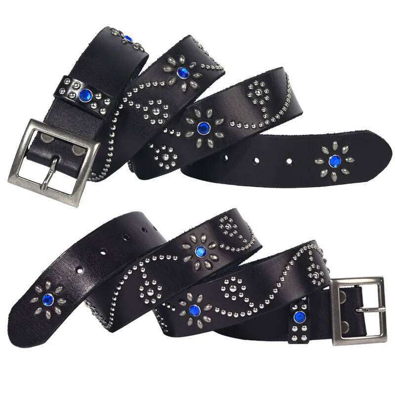 Men High Quality Pure Cowhide Belt Genuine Leather Strap Male Luxury Pin Buckle Diamond-studded Rivets Jeans Belts for Women Y260225