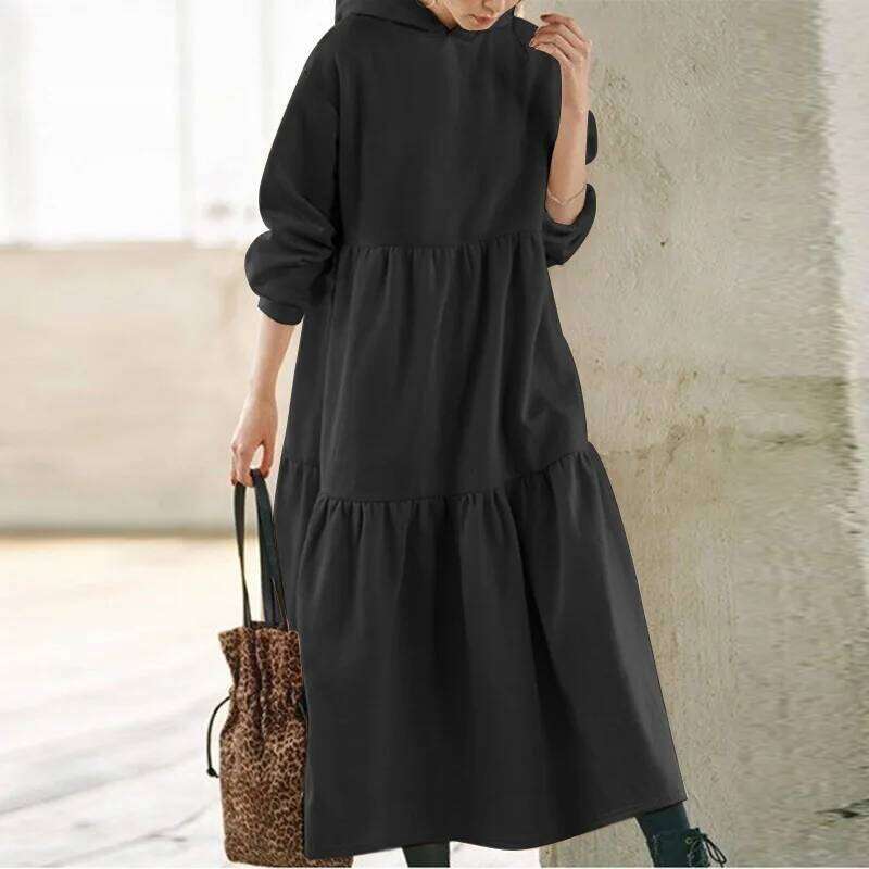 Women's European American Autumn Winter New Solid Color Minimalist Casual Versatile Hooded Sweatshirt Retro Loose Maxi Dress XJ260225