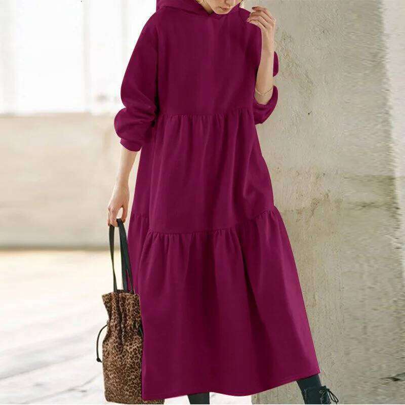 Women's European American Autumn Winter New Solid Color Minimalist Casual Versatile Hooded Sweatshirt Retro Loose Maxi Dress XJ260225