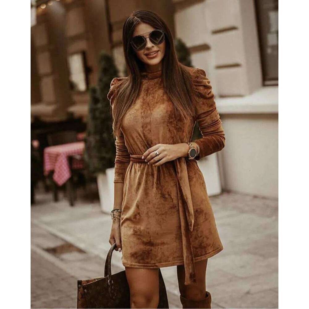 2026 Women Dresses Spliced Dress Lace Up Half High Collar Puff Sleeves Waist Cinched Knee Length Slim Casual Office Lady Autumn XJ260225