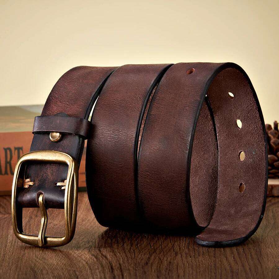 3.8CM Real Genuine Thick Leather Cowhide Copper Pin Buckle Casual Jeans Men High Quality Retro Cowboy Belt Male Strap Y260225