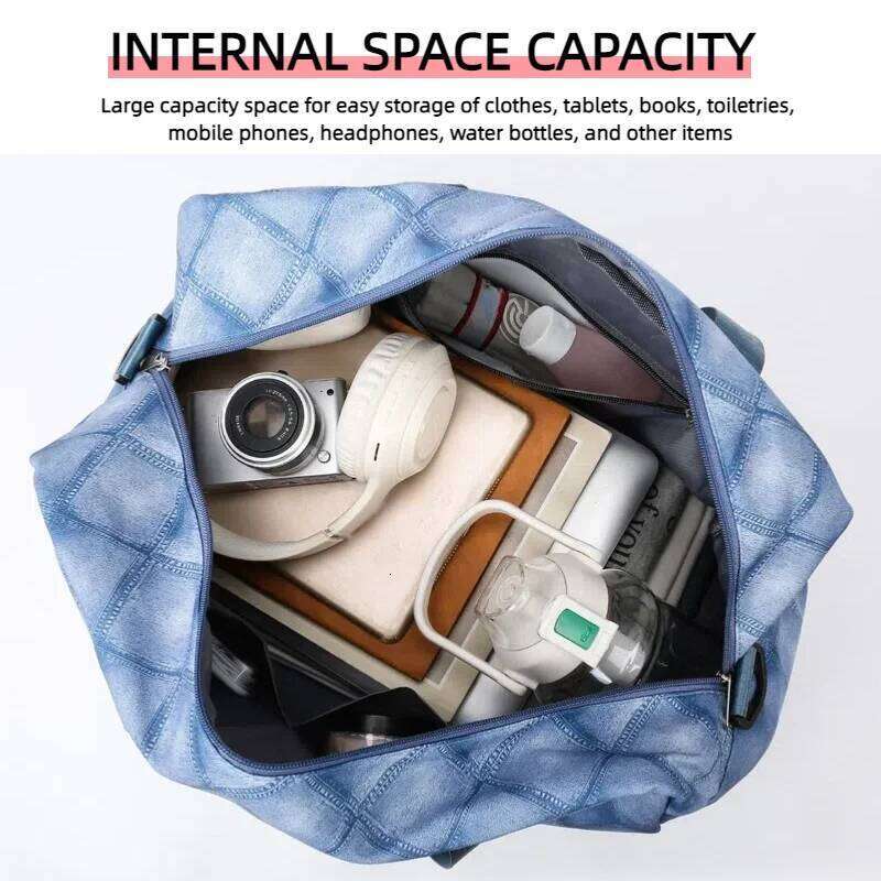Fashion Denim Grid Shaped Travel Large Capacity, with Independent Shoe Compartment, Storage Handbag, Fitness Yoga Bag, Etc Y260225