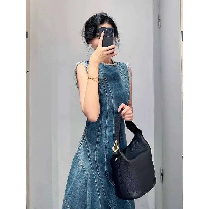 Spring and Summer Fashionable French Retro Denim Sleeveless Women's Loose Vest A-line Long Skirt Dress XJ260225