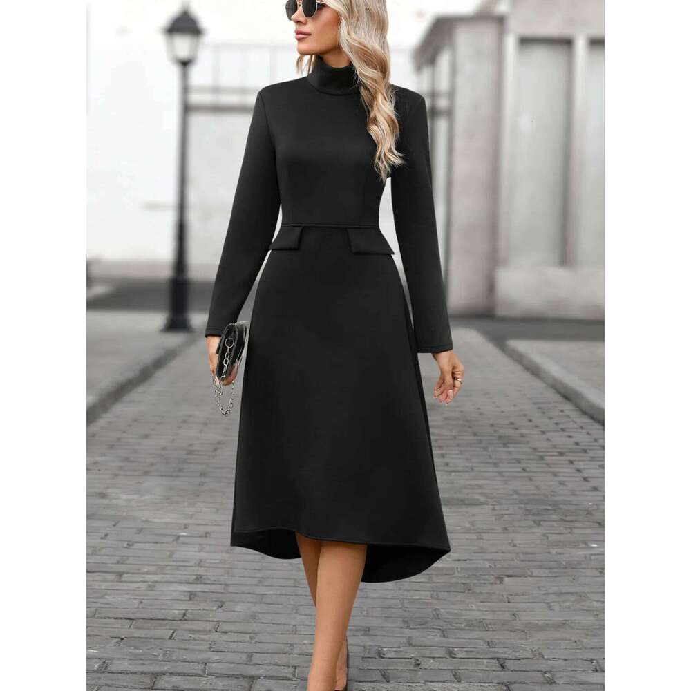 Elegant Solid Color Holiday Party Spring Autumn High Collar Slim Wide Hem Elastic Knitted Fabric Midi Long Sleeve Dress XJ260225