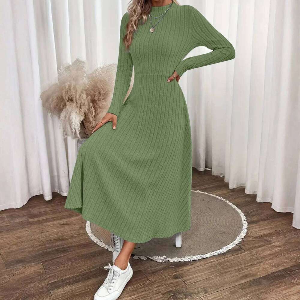 Women Fleece Ribbed Round Neck Solid Maxi Long Sleeve Chic Elegant Ladies Casual Party Dress Slim Fit Fashion Wear XJ260225