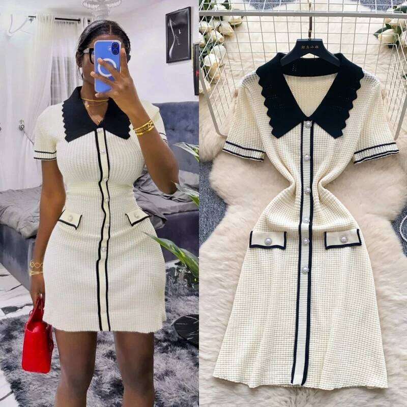 Elegant Knitted Slim Fit Summer Clothes Women Short Sleeve Polo-Neck Bodycon Midi Dresses OL Style Knitting Dress Vestidos XJ260225
