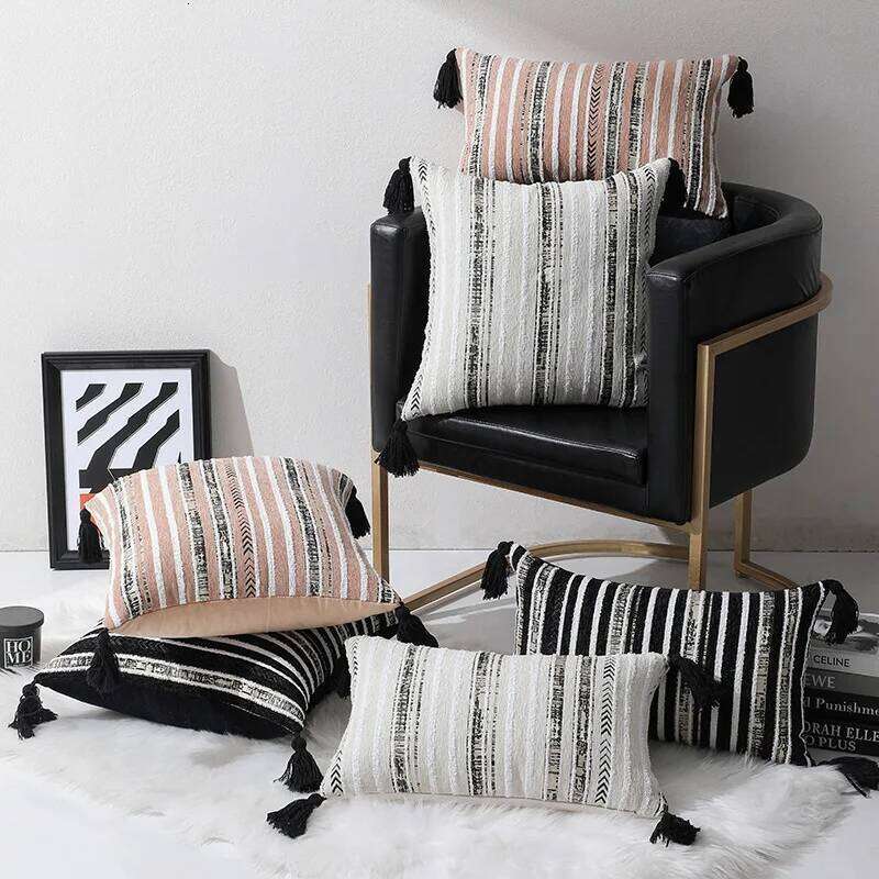 Home Decorative Pillow Textile Cushion Cover Jacquard Striped Geometric Tassel Boho Decorative Throw Pillow Case for Living Room Bedroom Home Sofa Bed