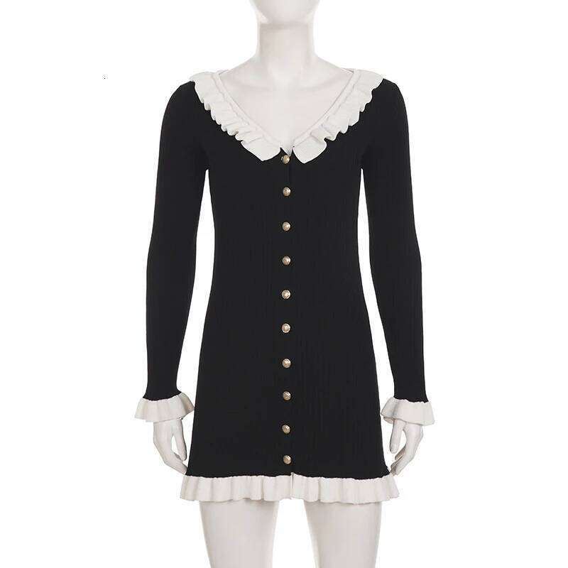 Tornova Black Ruffled Knitted Woman Elegant V neck Long Sleeve Mini Dress Contrast Splice Autumn New Chic Lady Commutin XJ260225