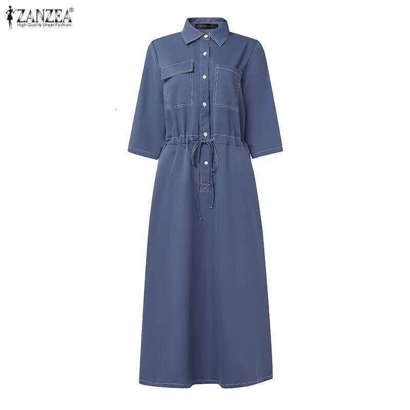 Fashion Contrast-Stitch Long Dresses Women's Turn-Down Collar Short Sleeve Half Buttons Cinch-Waist Shirt Dress ZANZEA Woman XJ260225