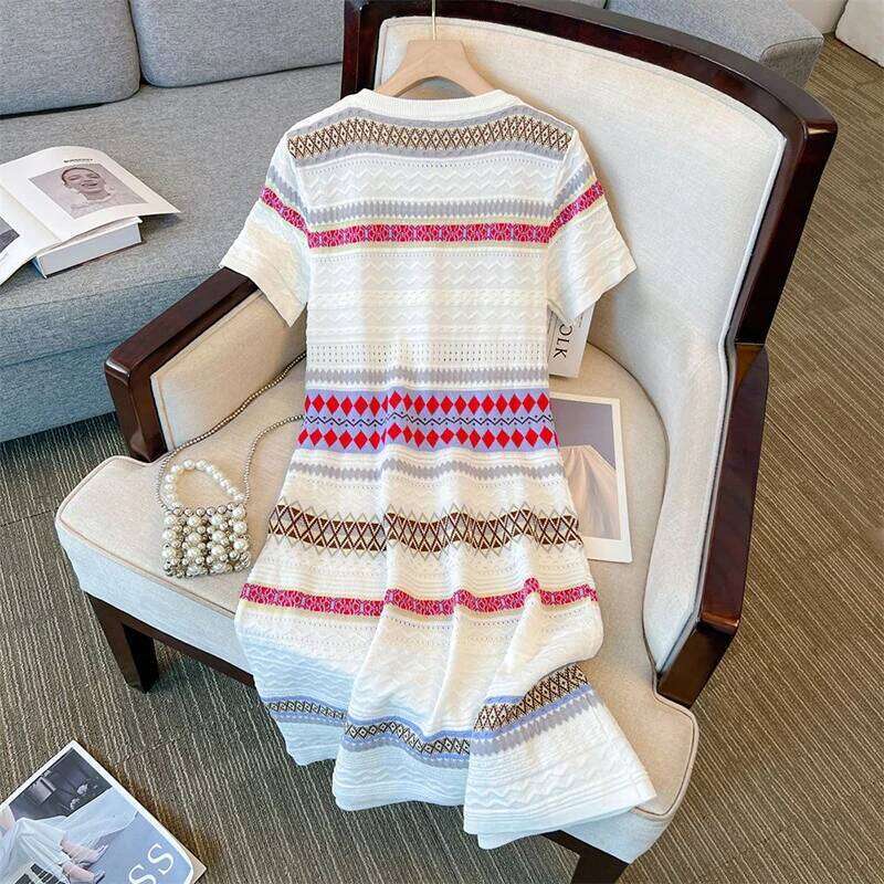 Fashion O-Neck Knitted Spliced Striped Mini Dress Women's Clothing 2025 Summer New Loose Short Sleeve Korean Ladies Dresses XJ260225