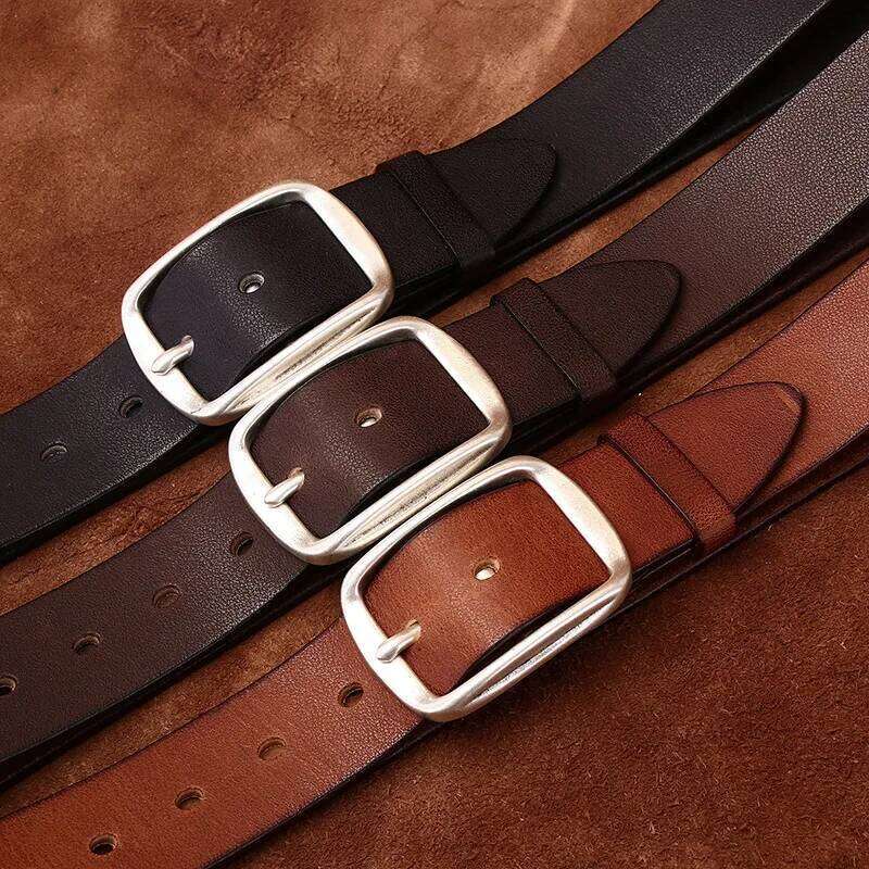 3.8 CM Pure Cowhide Genuine Leather for Men's High Quality Jeans Silver Plated Steel Buckle Belts Cowboy Waistband Male Cintos Y260225