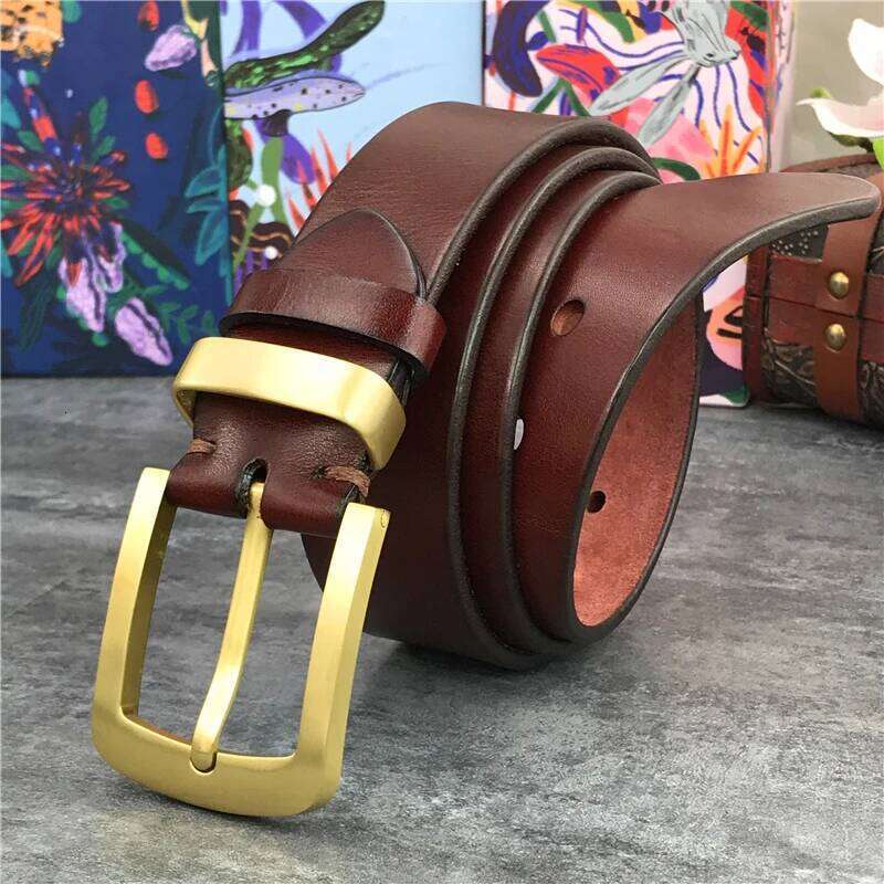 Vintage Brass Buckle Genuine Leather Male Ceinture Yellow Cowboy Jeans Men' Long 130cm Waist Belt MBT0006 Y260225