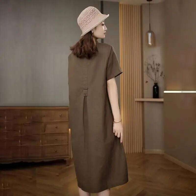 Temperament Solid Color Simple Short-sleeved Polo Collar Loose Pocket Mid-length Versatile Dress XJ260225