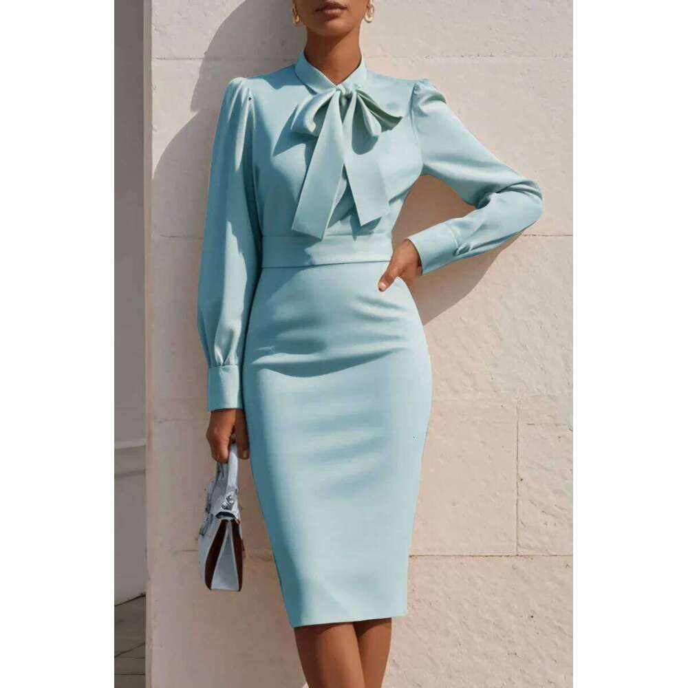 Women's Solid Color Bow Neck Long Sleeve Waisted Midi Dress XJ260225