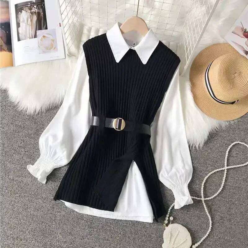 2024 Spring Two 2 Piece Knitted Vest Set Women Long Sleeve Shirt Solid Autumn Vintage College Style Waistband Sweater Tops XJ260225