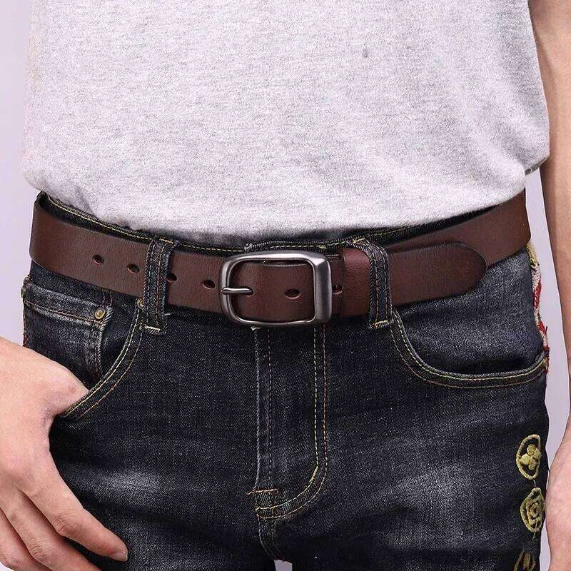 3.3CM Pure Cowhide Genuine Leather for Men's High Quality Jeans Brass Buckle Belts Cowboy Waistband Male Fashion Designer Y260225