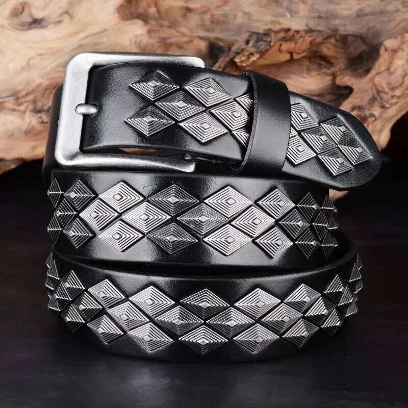 3.8cm Designer Brand Men Rivet 100% Real Pin Male Rock Top Grain Genuine Leather Cowhide Luxury Punk Belt Jean Y260225