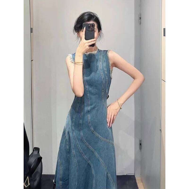 Spring and Summer Fashionable French Retro Denim Sleeveless Women's Loose Vest A-line Long Skirt Dress XJ260225