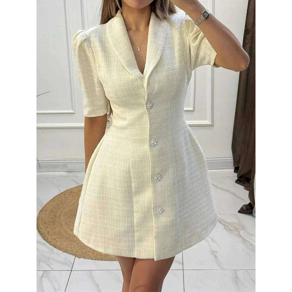 Elegant Lapel Collar Short Women Fashion Button Solid Color A-Line Casual Puffed Sleeves Draped Woolen Dress XJ260225