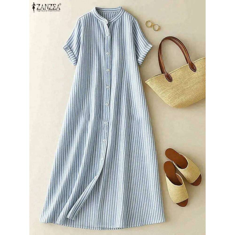 ZANZEA Women's Casual Striped Midi Dresses Stand Collar Short Sleeve Buttons Shirtdress Spring Summer Holiday Woman Clothes 3XL XJ260225