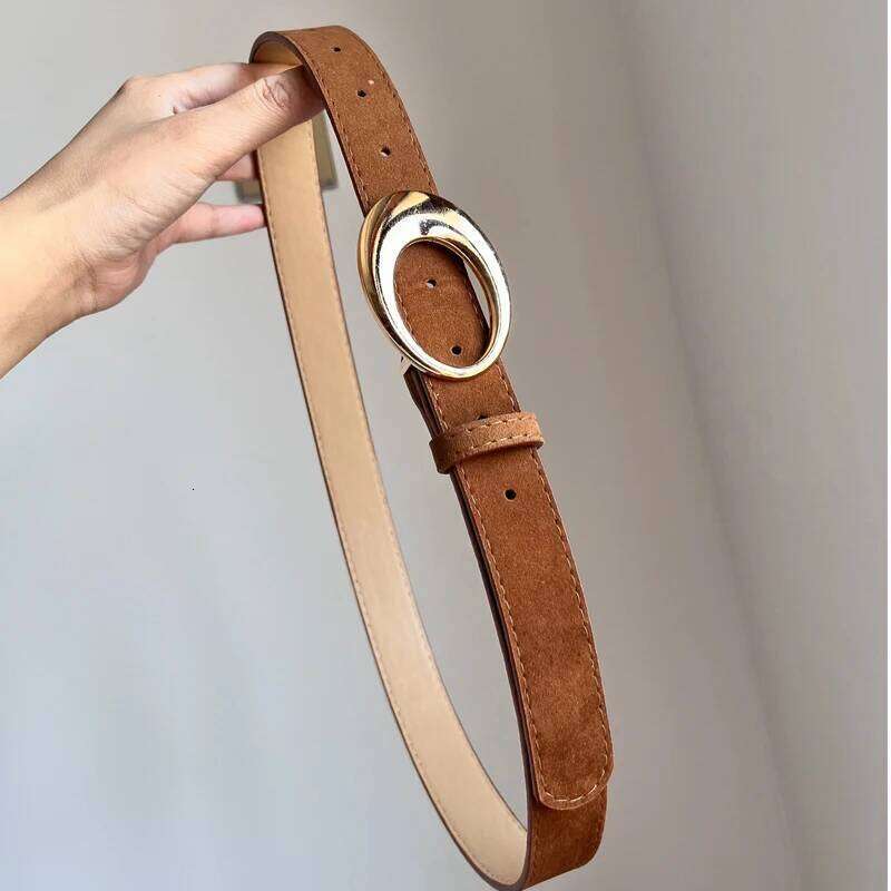 Simple Fashion Oval Golden Buckle Suede Leather 2.8cm Width Women Belt For Jeans Luxury Designer Dress Coat Brown Waistband Y260225