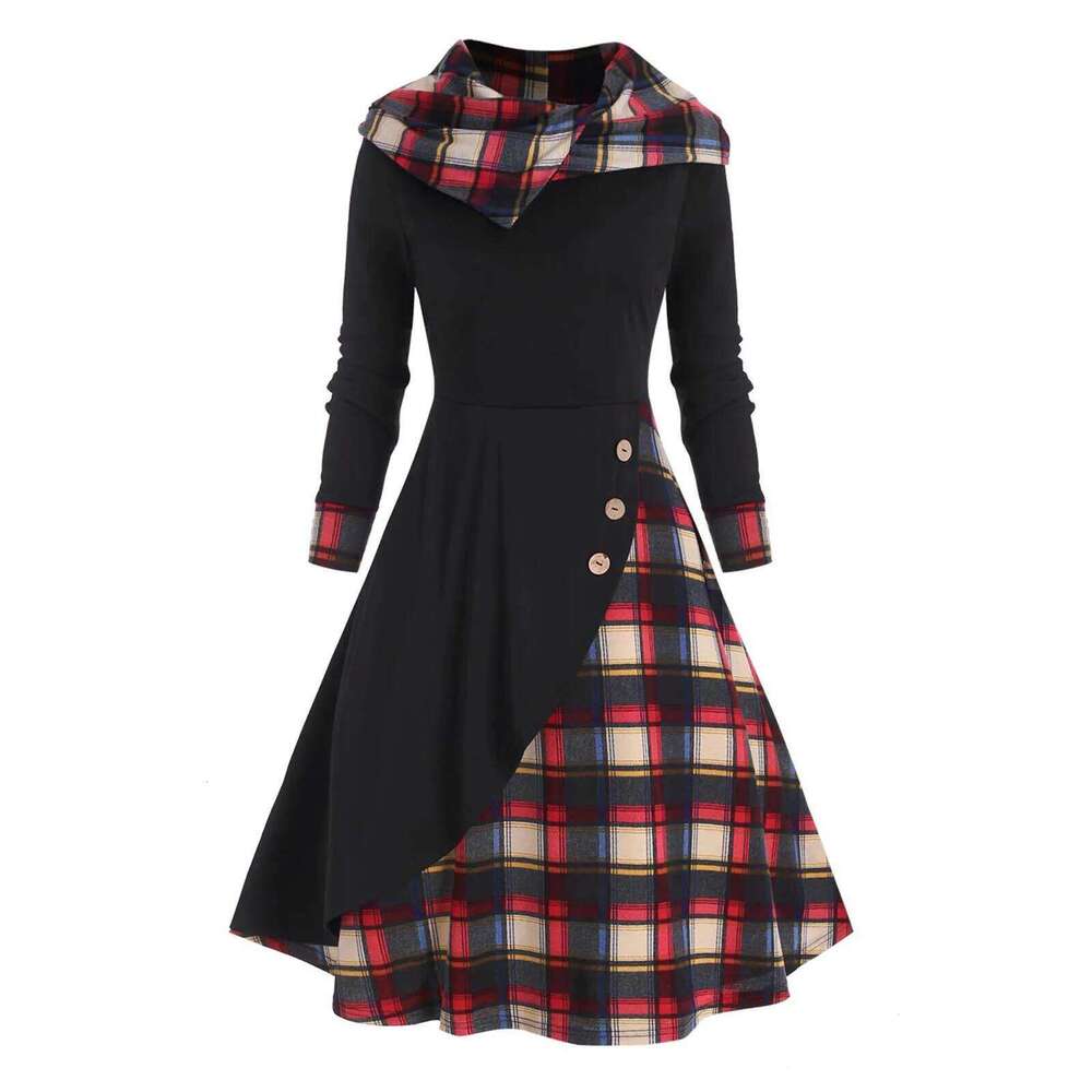 Vintage Commute Button Plaid Patchwork Hooded Dress Women's Clothing Autumn Fashion Long Sleeve Casual High Waist Midi Dresses XJ260225