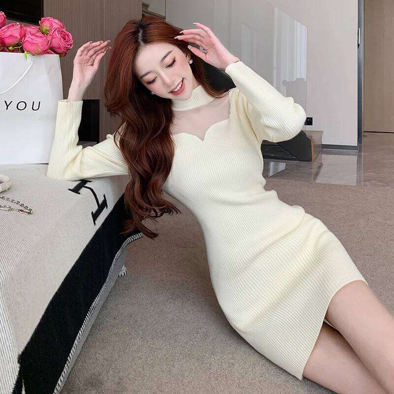 Spring French Fashion Sexy Knitted Party Women's High-neck Sheer Slim Bodycon Sweater Dress Casual High-street Clothing XJ260225
