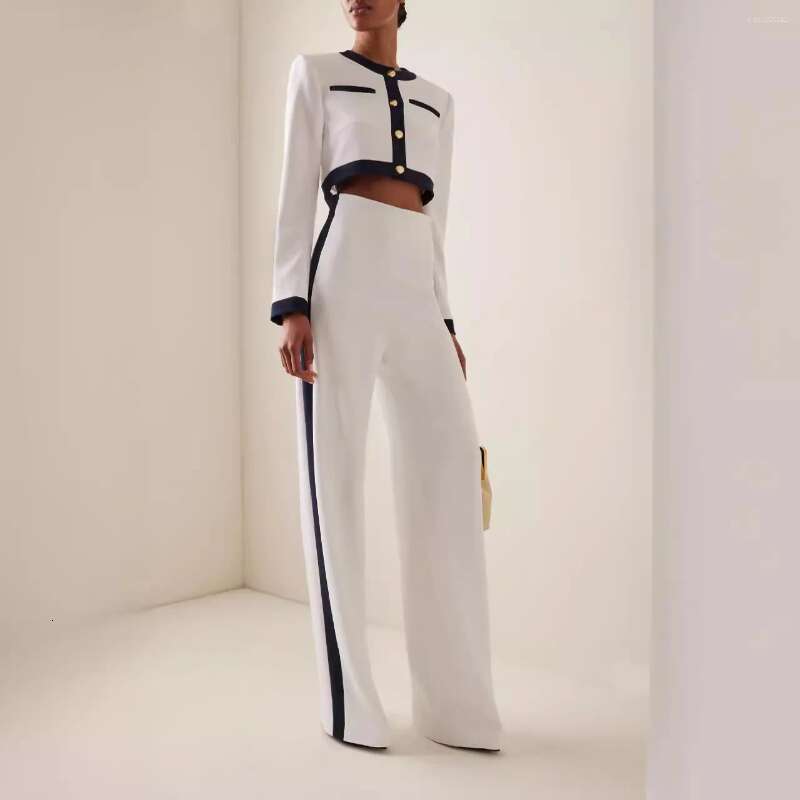 Women's two-piece long pants fashionable women's round neck long sleeved button top loose wide leg casual suit autumn