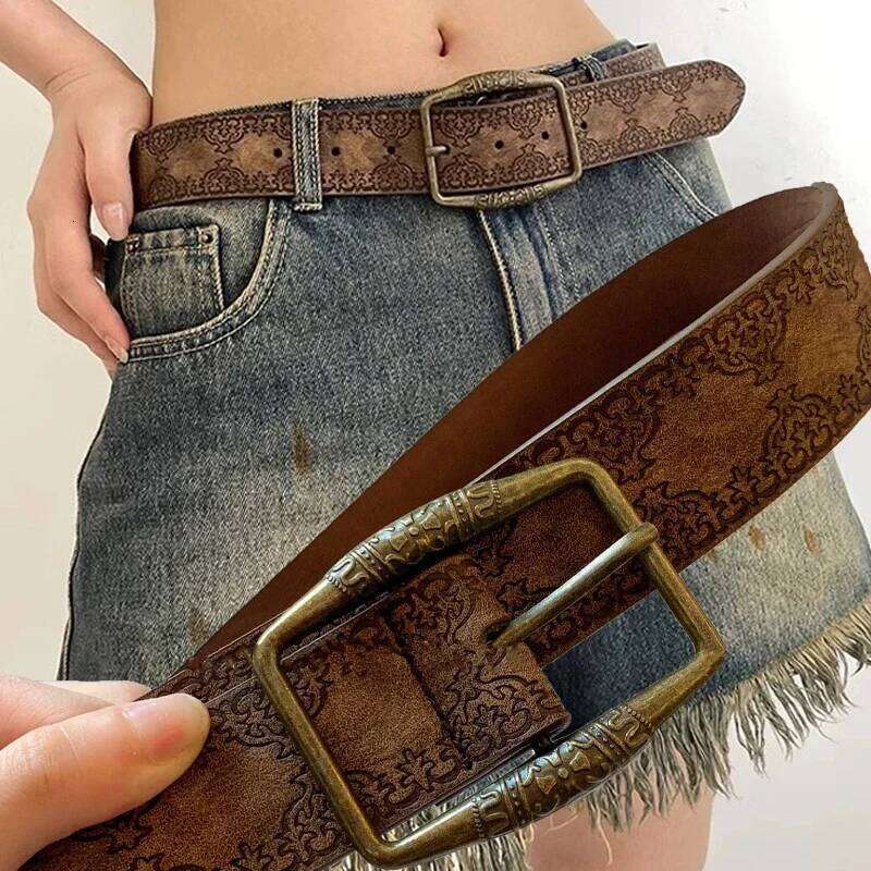 Retro Pattern Print Belts Women Pu Leather Designer Brand Buckle Pin Waist Belt Y2K Vintage All-Match Waistband Accessories Y260225