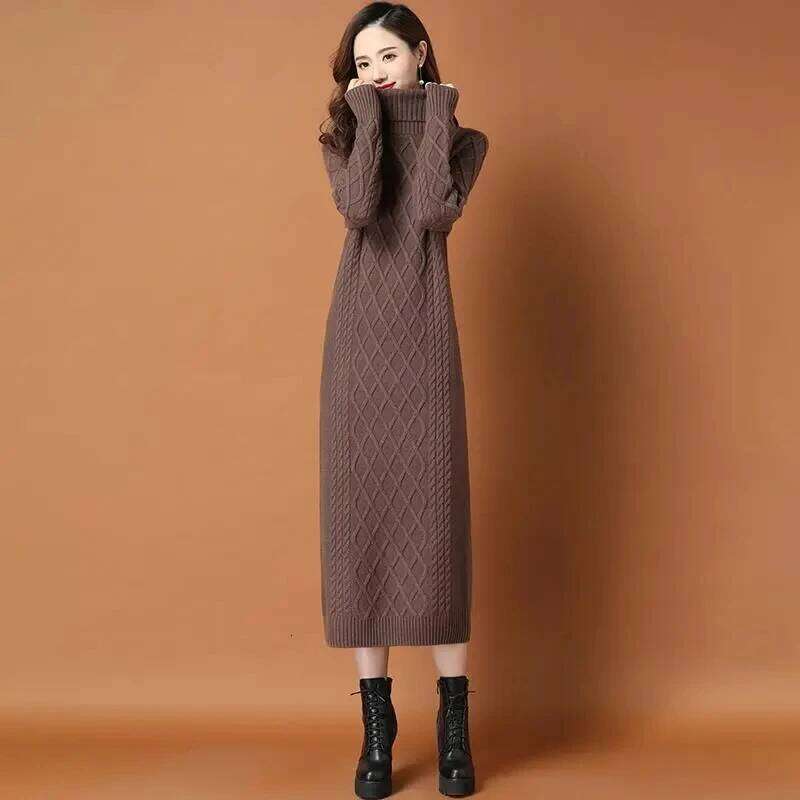 Female High Neck Long Sweater Women Thickened Autumn Winter 2024 New Loose Outer Wear Twist Base Femme Knit Dress Elegant XJ260225