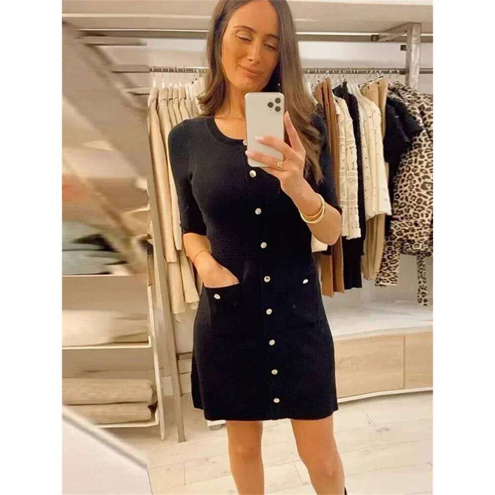 Pocket Knit Female Mini Autumn 2024 Ribbed High Waist Fashion Patchwork Elegant Party Knitwear Cardigan Dress XJ260225