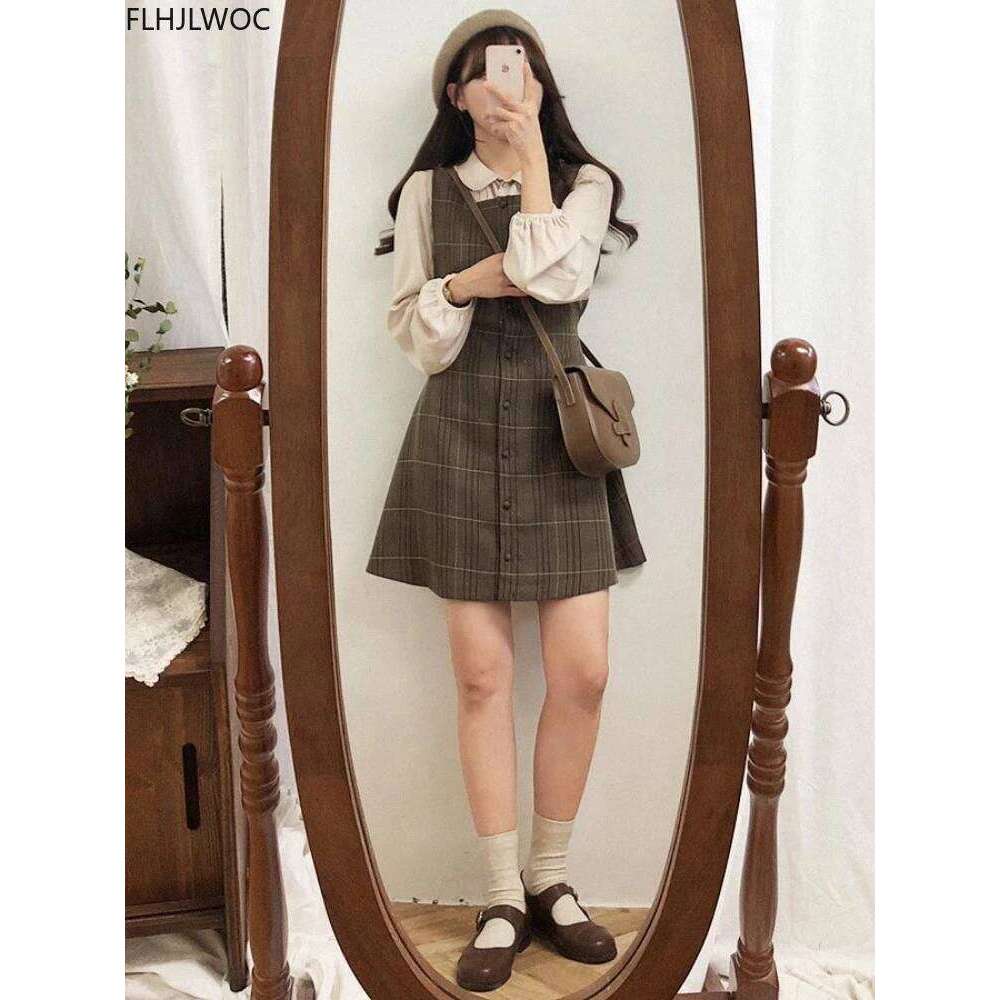 Cute Mini New Year Date Dresses Sleeveless Vest Women Korea Japanese Style Design Retro Vintage Plaid Button Shirt Dress 11021 XJ260225