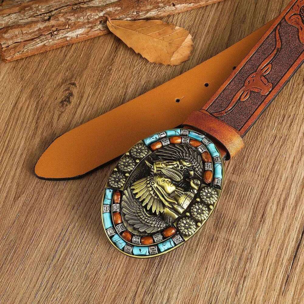 Bohemian turquoise vintage carved alloy plate buckle men's personalized belt; ethnic style versatile waist belt suitable f Y260225