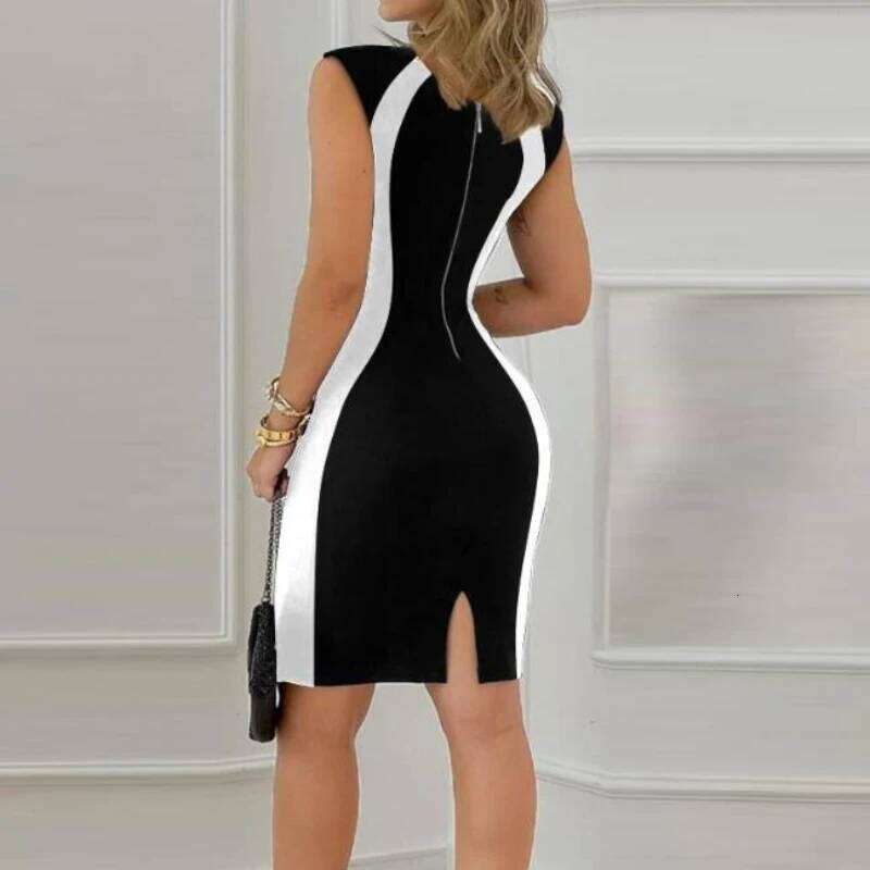 Elegant Women Party Club Dresses 2025 Summer Fashion Colorblock Round Neck Bodycon Sleeveless Casual Mini Black Dress XJ260225