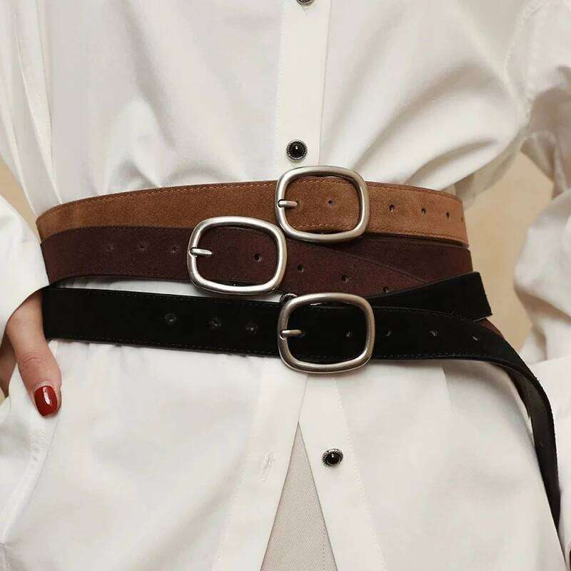 Fashion Skinny Women Vintage Suede Cowhide Belt Genuine Leather Belts Female Dress Coat Decoration Silver Buckle Waistband Y260225