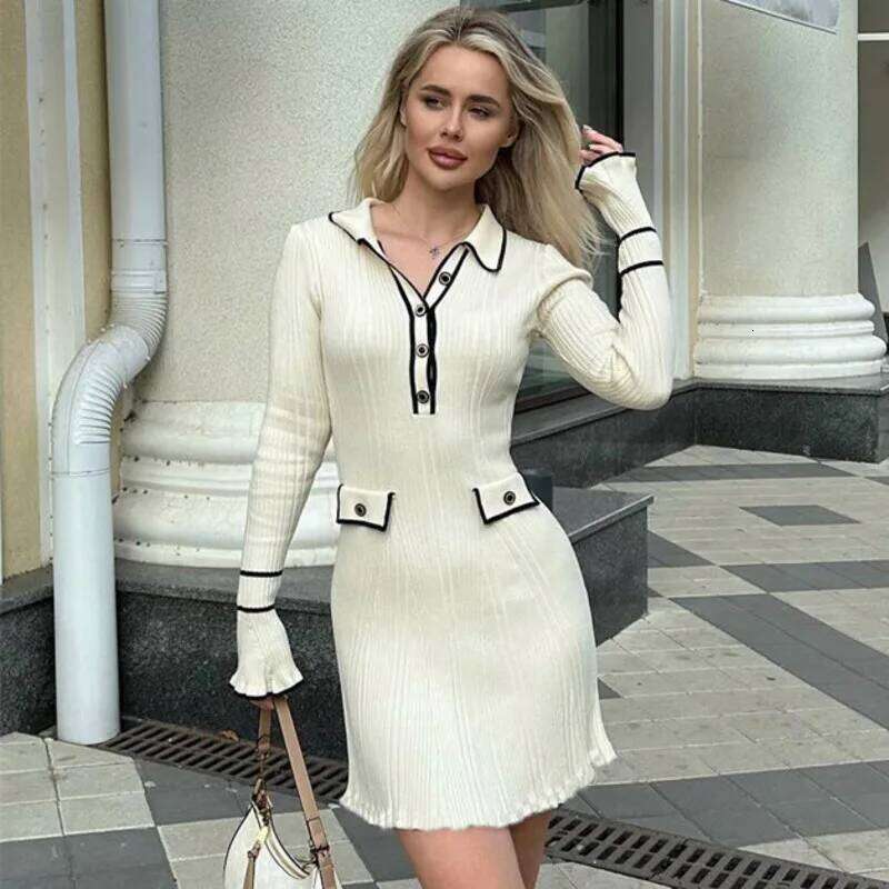 Ruffled Knitted Scallop Women's Autumn Winter Elegant Demeanor Sweater Turn Down Collar Slim Half Button Mid Length Dress XJ260225