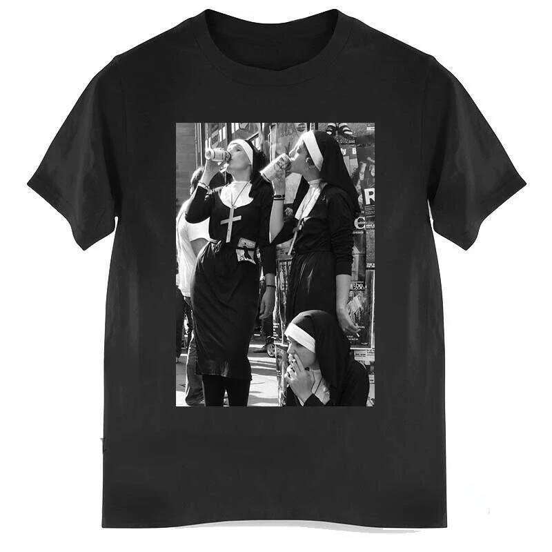 Graphic T Shirts Sexy Nun Smoking Cross Necklace Street Men's Fashion Retro Neutral Tshirt Ropa Hombre C260225