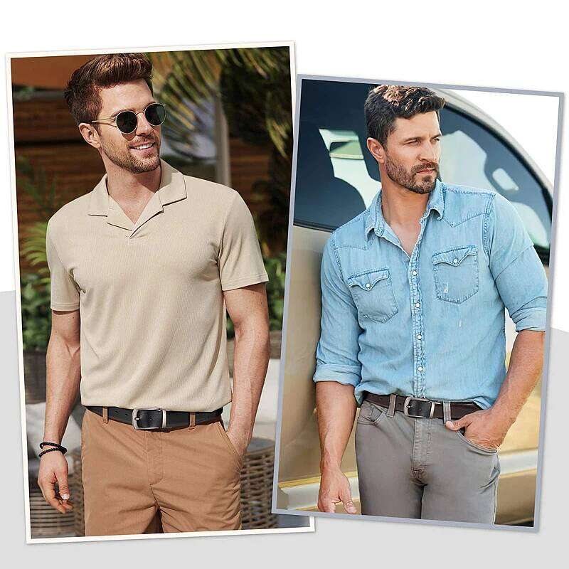 1 double-sided leather belt-2 style belt with irregular pattern, rotary alloy buckle, suitable for business dress pants and casu Y260225