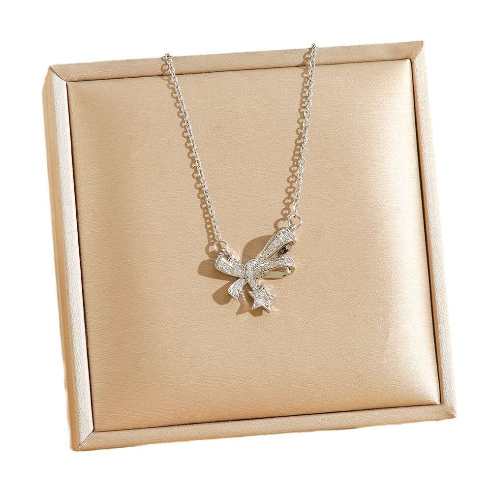 Fairy Girl Bowknot Titanium Steel Necklace Plated With 18K Sparkling Zirconium Diamond Light Luxury Meteor Goddess Clavicle Chain