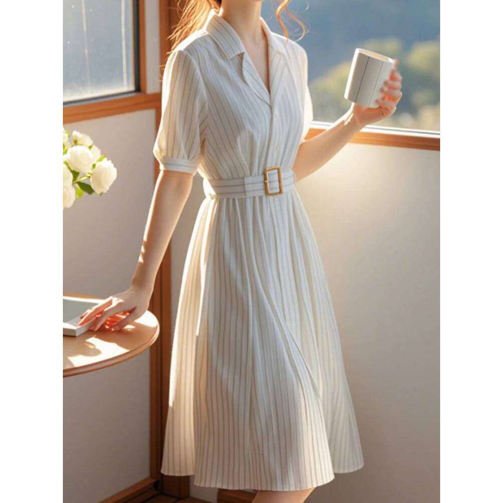 Seoulish Summer Elegant Striped Women's A-line Dresses Sashes 2025 New Short Sleeve Polo Collar Casual Loose Midi Dress Female XJ260225