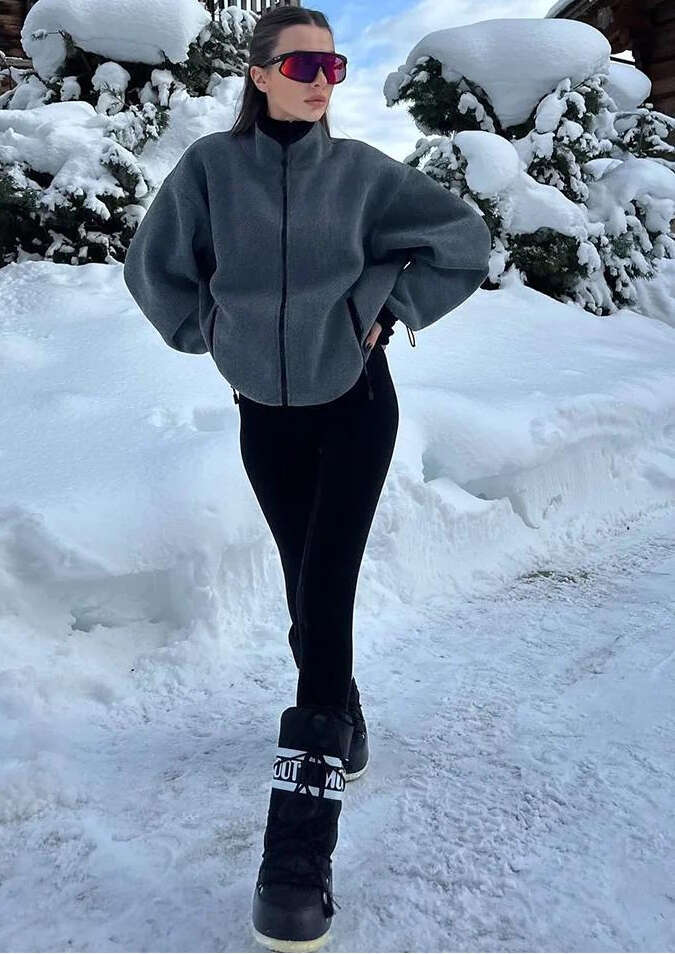 Women's wool stand up collar jacket casual gray zipper drawstring warm jacket 2026 autumn and winter fashionable women