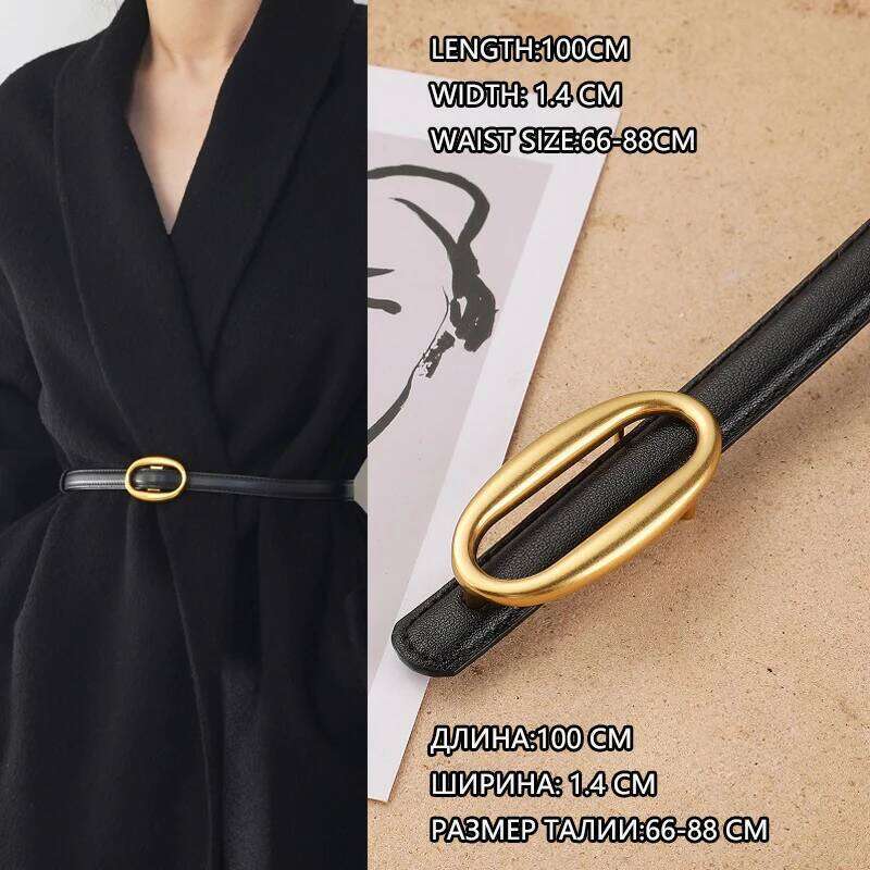 Oval Women's Skinny Leather Belt Ladies Thin Soft Waistband with Retro Gold Buckle Black Brown Belts for Jeans Dresses Pants Y260225