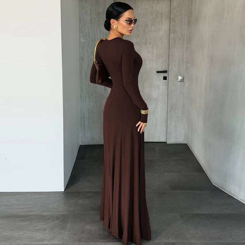 Elegant Retro Minimalist Round Neck Long Sleeve Dress Women High Waist Slim Fit Maxi A Line Skirt Vintage Chic Aesthetic Street XJ260225