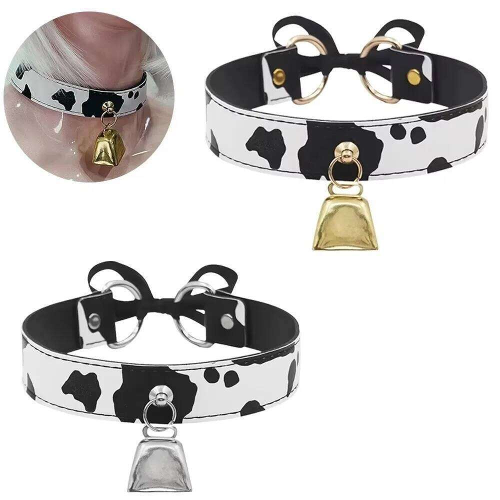 Sexy Leather Choker Cow Print Adjustable Bell Collar Women Necklace