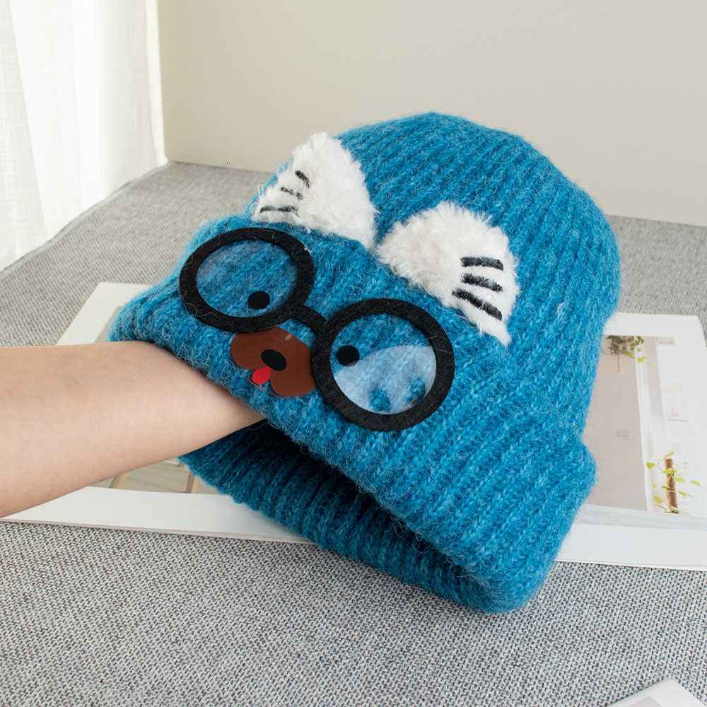 Cute Cat Ear Knitted Hat for Women Autumn and Winter Warmth Large Head Circumference Face Slimming Cartoon Cat Glasses Ear Protection Yarn Hat S260225